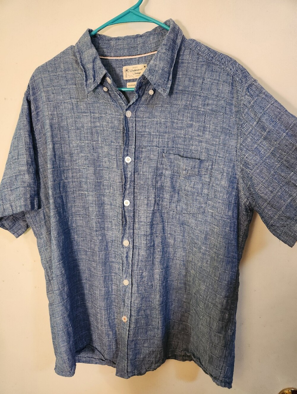Blue Linen Mens Short Sleeve Button Down Shirt - XL